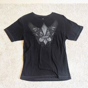 Y2K J Ferrar Men's Black T-Shirt Fleur de Lis Graphic Short Sleeve Size Medium